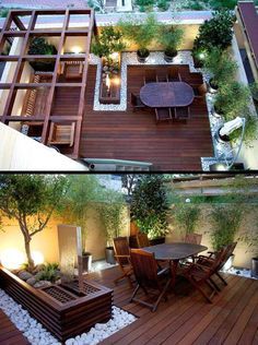 two pictures of a small backyard area with wooden decking and plants on the ground