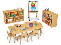 a wooden table and chairs with an easel, bookshelf, and children's art supplies