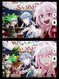 two screens showing the same anime character and their respective characters, one with pink hair