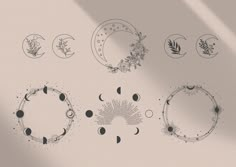 the phases of the moon are shown in black and white, as well as an image of