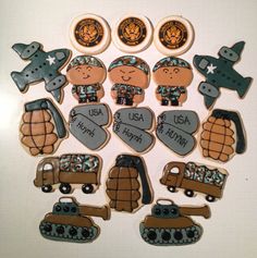 Army cookies. Going off to a special soldier in Afghanistan. Boys 8th Birthday, Army Themed Birthday, Army Party, Dessert Boxes, Military Inspired