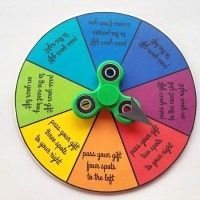 a spinning wheel with words written on it and two scissors in front of the wheel