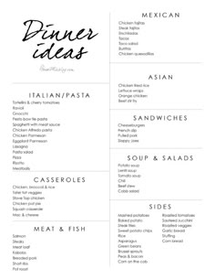 the menu for dinner is shown in black and white