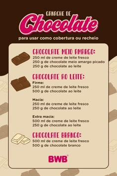 a menu with chocolates on it and the words chocolate written in spanish, which are also