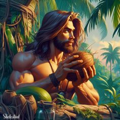 a man with long hair and beard holding a ball in his hands, surrounded by tropical vegetation