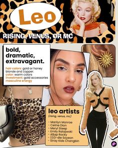 an advertisement for leo jewelry featuring models in leopard print and black leather purses, with the words leo on it