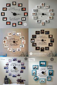 the wall clock is decorated with pictures and sayings for each family member in their home