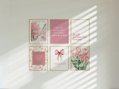 a wall with pink flowers and greeting cards on it