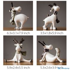 four different pictures of reindeer figurines on a table