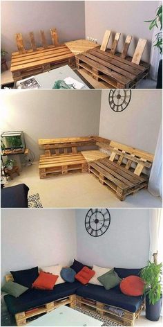 three pictures of different types of furniture made out of wood pallets and some plants