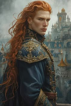 a painting of a woman with red hair in front of a castle wearing a blue outfit