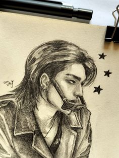 a pencil drawing of a man with a pipe in his mouth and stars around him