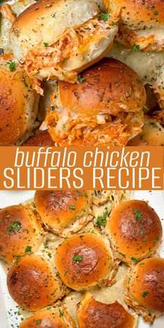 chicken sliders with cheese and parmesan on the side are shown in this collage