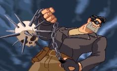 a cartoon character holding two swords in one hand and a skull on the other with his mouth open