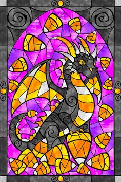 a stained glass window with a dragon on it's back and yellow, purple, and orange colors