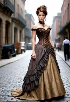 Au cœur d'une métropole animée, une femme honore de sa présence les rues pavées, vêtue d'une robe steampunk digne de la royauté. La robe, ornée de filigranes de laiton complexes et de dentelle délicate, se déploie autour d'elle dans une cascade de tissus. Chaque couture témoigne du savoir-faire d'une époque révolue, tandis que les engrenages et les mécanismes d'horlogerie rehaussent son ensemble, ajoutant une touche de charme fantaisiste à sa tenue. Victorian Style Dresses, Steampunk Gown, Punk Wedding Dresses, Clock Dress, Steampunk Store, Steampunk Hairstyles, Victorian Fashion Dresses