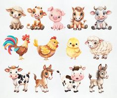 the farm animals are painted in watercolor and have been grouped together to form an image