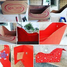 many different pictures of cardboard boxes with designs on the inside and outside, all in red