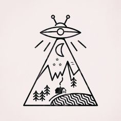 a black and white drawing of an alien ship floating in the sky over mountains with trees