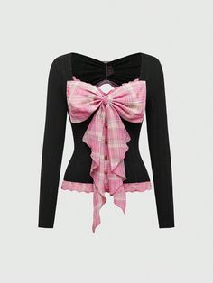 Y2K Oversized Bowknot Fake 2-In-1 Design Women's Shirt Black Casual  Long Sleeve Polyester Colorblock,Plaid  Medium Stretch  Women Clothing, size features are:Bust: ,Length: ,Sleeve Length: Cute Casual Tops For Women, Black Hair Clips, J Fashion, Casual Tops For Women, Inspiration Mode, Plus Size Blouses, Tops For Women, Black Casual, Long Sleeve Casual