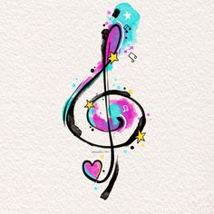 an abstract music note with stars and hearts painted on the side by watercolors