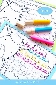 two coloring pages with crayons and pens on them