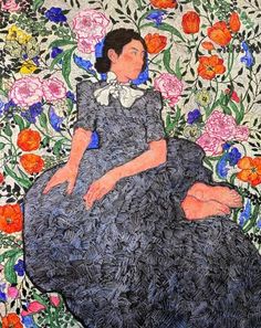 a painting of a woman sitting in front of flowers