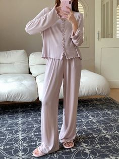 Solid Button Front Lettuce Trim Lounge Set Dusty Pink     Plain  Non-Stretch All Women Sleep & Lounge, size features are:Bust: ,Length: ,Sleeve Length: Pink Plain, Drawstring Waist Pants, Sweatshirt Zipper, Sweatpants Set, Kids Hair Accessories, Short Socks, Bow Hair Clips