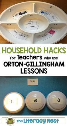 three plates with numbers on them and the words, household hacks for teachers who use orton - gillingham lessons