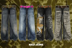 five pairs of jeans with tiger designs on them, all in different colors and sizes