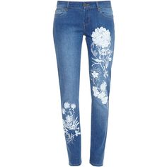 ALICE ARCHER Embroidered Skinny Jeans (£450) ❤ liked on Polyvore featuring jeans, flower print jeans, blue skinny jeans, denim skinny jeans, floral printed jeans and 5 pocket jeans Embroidered Fashion, Trendy Embroidery, Denim Inspiration, Print Jeans, Floral Jeans, Love Jeans, Denim Diy