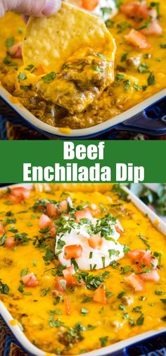 two pictures showing the process to make beef enchilada dip