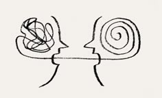 a black and white drawing of two people facing each other, one with a flower in his head