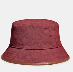 Coach Signature Jacquard Bucket Hat In Color: Crimson Brand New! Product Details: 54% Organic Cotton, 46% Recycled Polyester Lining: 100% Cotton Leather Details Coach Forever Collection Style No. C8885 Editor's Notes: Add Coach Signature To Your Style. Finished With Smooth Leather In A Nod To Coach Heritage, This Retro-Cool Bucket Hat Is Crafted In A Blend Of Recycled Fibers And Certified Organic Cotton Made Without The Use Of Harmful Chemical Fertilizers And Pesticides - All Part Of Coach's Com Newsboy Hat Women, Cool Bucket Hats, Bucket Hats For Women, Red Bucket Hat, Crimson Color, Black Baseball Hat, Black Beret, Vintage Bucket, Rain Hat