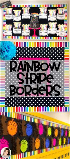 a bulletin board with rainbow stripes and black polka dots on the bottom, blue pom poms in the middle