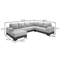 the sectional couch is shown with measurements for each section and features an ottoman that can be folded