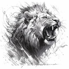 a black and white drawing of a roaring lion