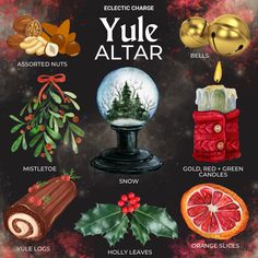 an image of christmas items with the words yule altar written below them in english and spanish