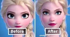 the before and after images of frozen princesses make their faces look like they have blue eyes