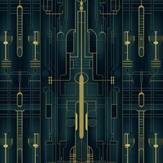 an art deco wallpaper with gold lines and circles on it's dark blue background