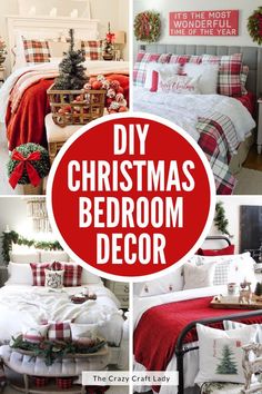 a collage of christmas bedroom decor with red and white plaid decorations on the bed