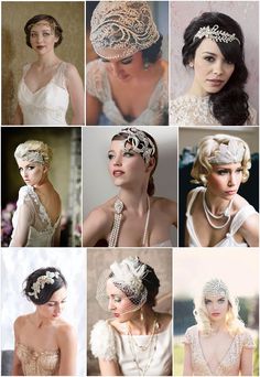 many different pictures of women in dresses and tiaras with pearls on their headbands