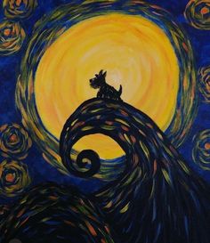 a painting of a dog sitting on top of a wave in the sky with stars