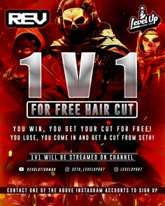 a flyer for a haircut competition with two men in full armor on red background