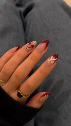 Nail Art Designs Cherry, Christmas Korean Nails, Red Nails Coquette, Nail Designs Coquette, Cherry Red Nail Designs, Cherry Cola Nails, Cherry Manicure, Cherry Nails Designs, Best Friend Nails Ideas