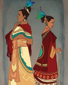 two native american women with feathers on their head