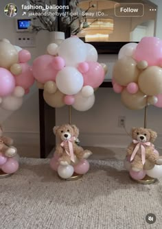 three teddy bears are holding balloons in the shape of flowers and hearts, while one bear is sitting on a stool