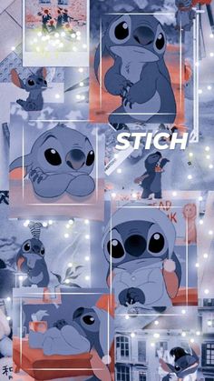 the stitch movie poster is shown in blue and red colors, with an image of stitch on