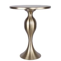 a round metal table with an elegant design on the top and bottom, in gold