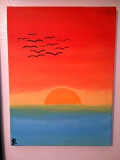 a painting with birds flying in the sky over water at sunset or sunrise, painted on canvas